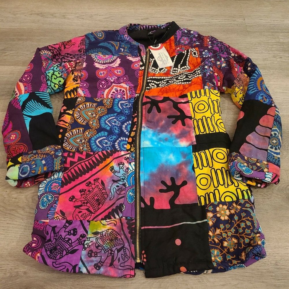 NWT Hippie Boho Tie Dye Patchwork Jacket Coat L/XL - Style 219746 - Full ZIp.
